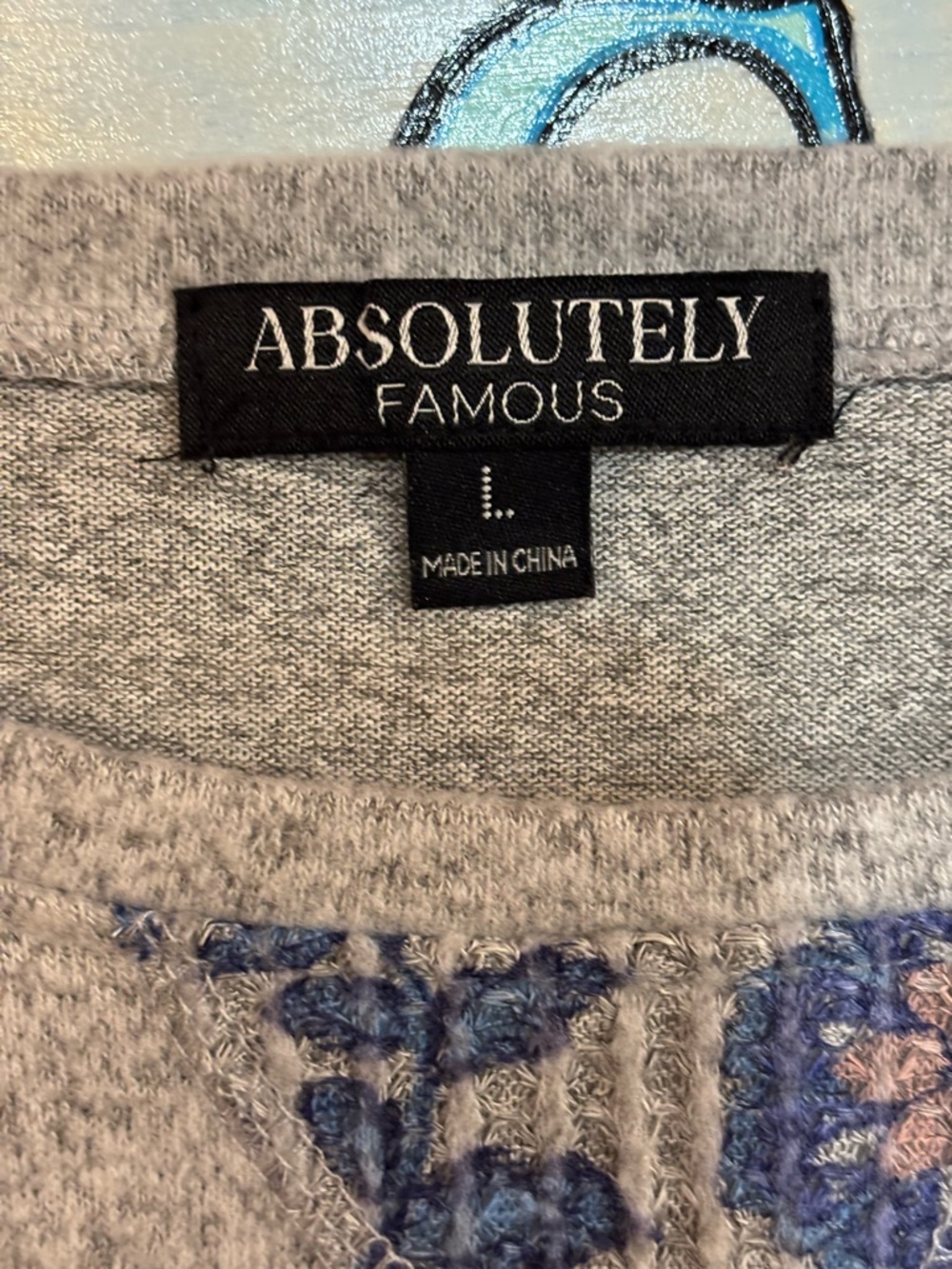 Absolutely Famous Heather Gray Knit Top with Blue Floral Sleeves - Picture 5 of 6